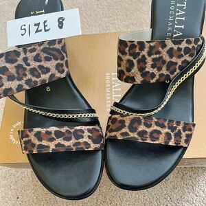 Italian Shoemakers Leopard Print Slide Sandals with Gold Chain Accent